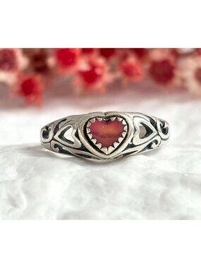 Gothic Ruby Corundum Stone Heart Shaped Sterling Silver 925 Vintage Ring - sz 10